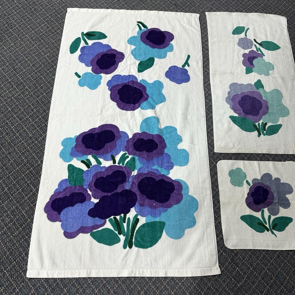 Vintage Marimekko Fieldcrest Bath Towel Set Hand‎ Wash Cloth Purple Blue Flower